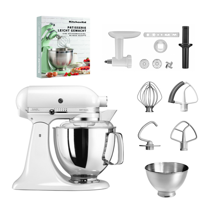 KitchenAid 4,8 L 5KSM175 Artisan Küchenmaschine Pastrylover mit Kunststofffleischwolf+Spritzgebäckvorsatz und Patisserie Buch