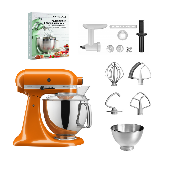 KitchenAid 4,8 L 5KSM175 Artisan Küchenmaschine Pastrylover mit Kunststofffleischwolf+Spritzgebäckvorsatz und Patisserie Buch