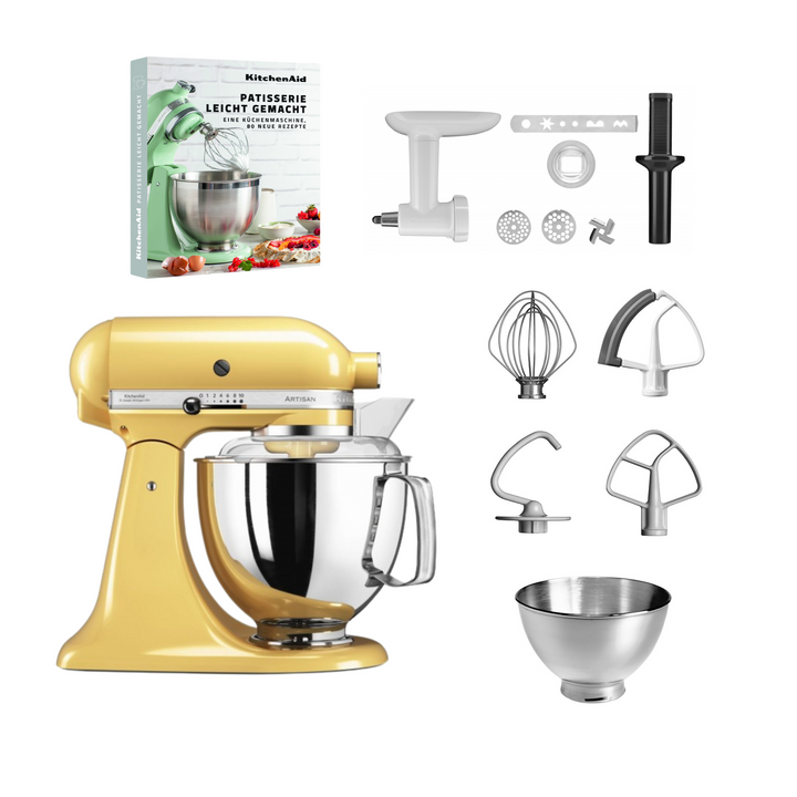 KitchenAid 4,8 L 5KSM175 Artisan Küchenmaschine Pastrylover mit Kunststofffleischwolf+Spritzgebäckvorsatz und Patisserie Buch