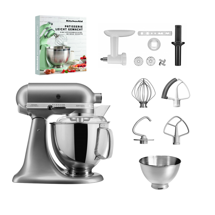 KitchenAid 4,8 L 5KSM175 Artisan Küchenmaschine Pastrylover mit Kunststofffleischwolf+Spritzgebäckvorsatz und Patisserie Buch